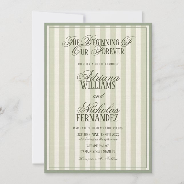 Convite Elegant Striped Vintage Green Wedding (Frente)