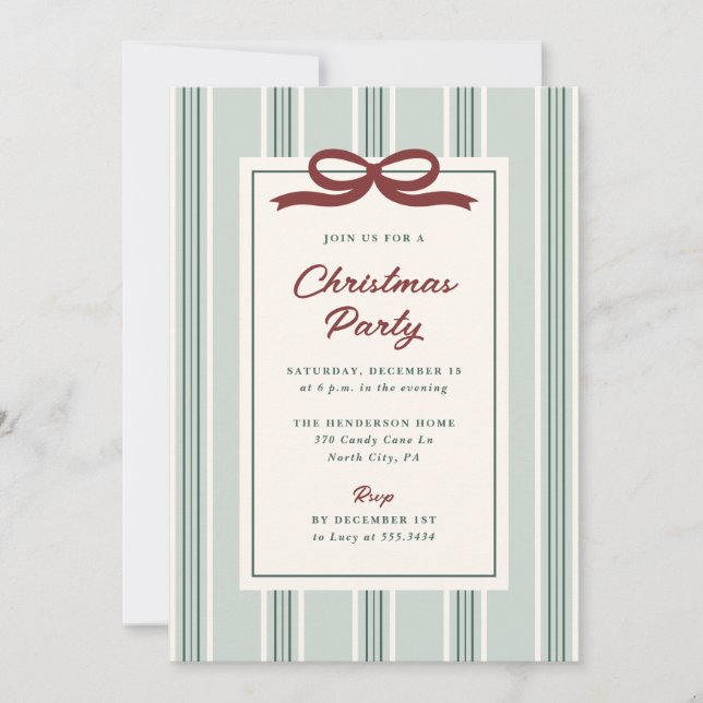 Convite Elegant Stripes and Bow Christmas Holiday Party (Frente)
