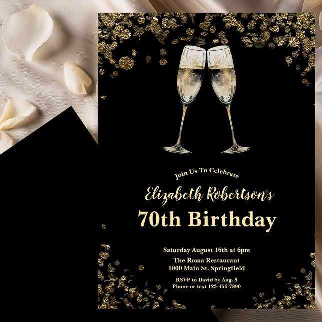 Convite Elegant Stylish Black and Gold 70th Birthday  (Criador carregado)