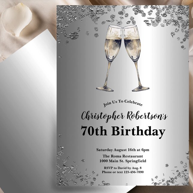 Convite Elegant Stylish Black and Silver 70th Birthday  (Criador carregado)