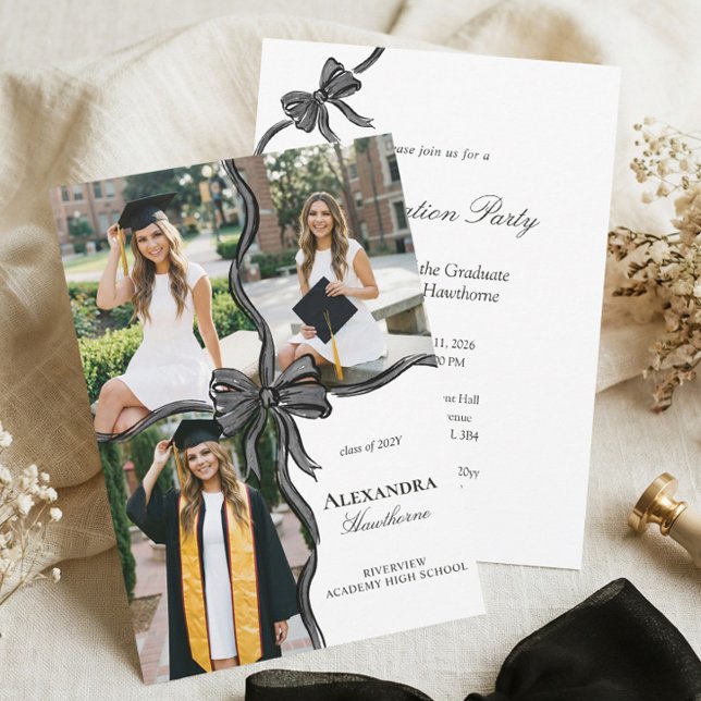 Convite Elegant Stylish Black Bow Ribbon Photo Graduation (Elegant Stylish Black Bow Ribbon Photo Graduation Invitation)