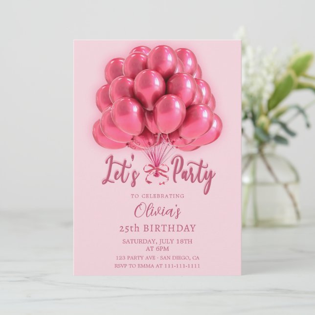 Convite Elegant Stylish Pink Balloons Birthday (Em pé/Frente)