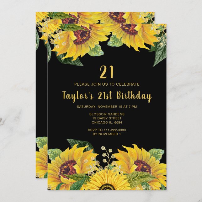 Convite Elegant Sunflowers and Foliage Birthday Party (Frente/Verso)