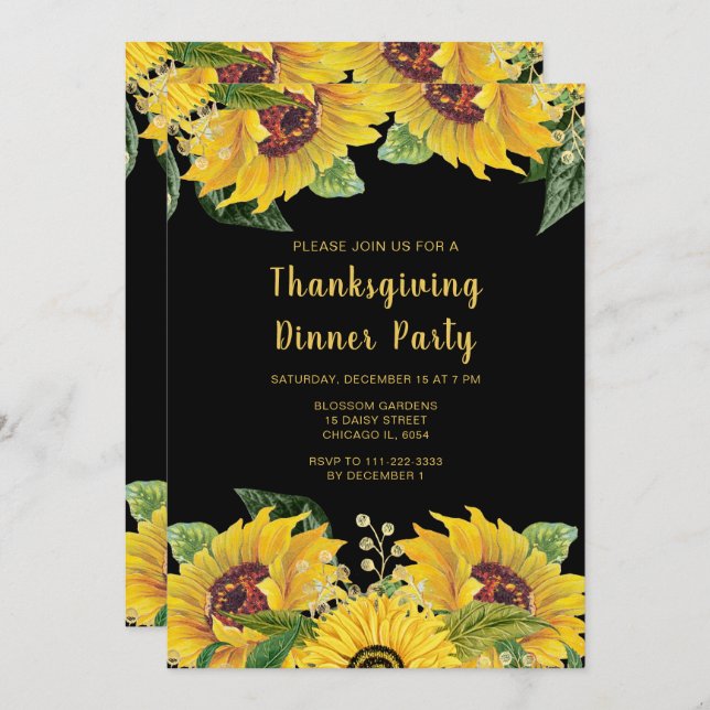 Convite Elegant Sunflowers and Foliage Thanksgiving Party (Frente/Verso)