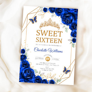Convite Elegant Sweet 16 Rosas Azuis Reais Douradas