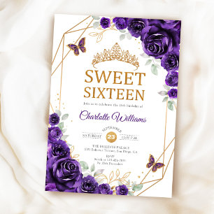 Convite Elegant Sweet 16 Rosas Roxas Douradas
