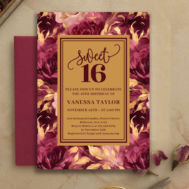 Convite Elegant Sweet Sixteen Burgundy Blush Gold Invite (blush burgundy gold flowers roses,
boho watercolor deep red romantic,
burgundy blush sweet sixteen i)