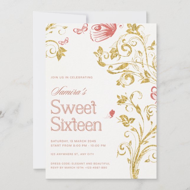 Convite Elegant Sweet Sixteen Invitation | Gold Floral & P (Frente)