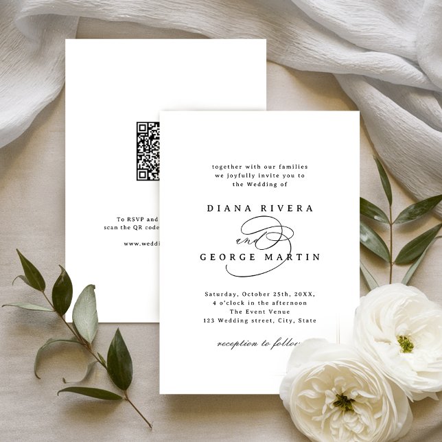 Convite Elegant Swirl Script Simple QR code Wedding (Elegant Swirl Script Simple QR code Wedding Invitation)