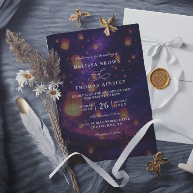 Convite Elegant Tangled Lanterns Budget QR Code Wedding (Criador carregado)