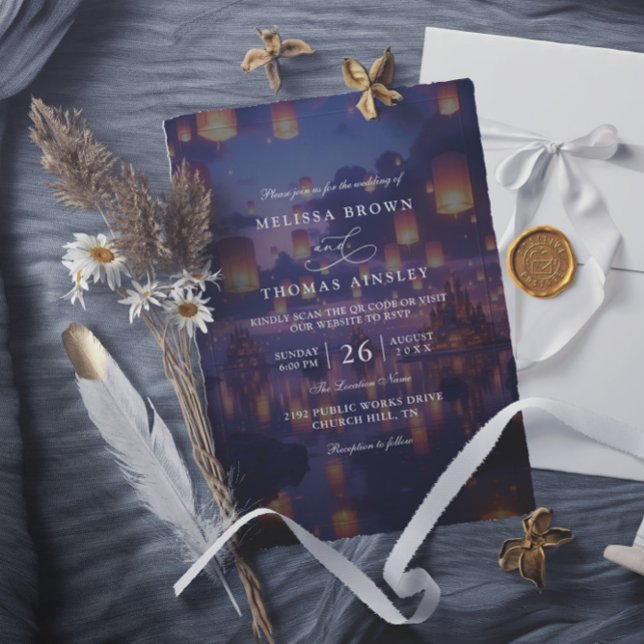 Convite Elegant Tangled Lanterns Budget QR Code Wedding (Criador carregado)
