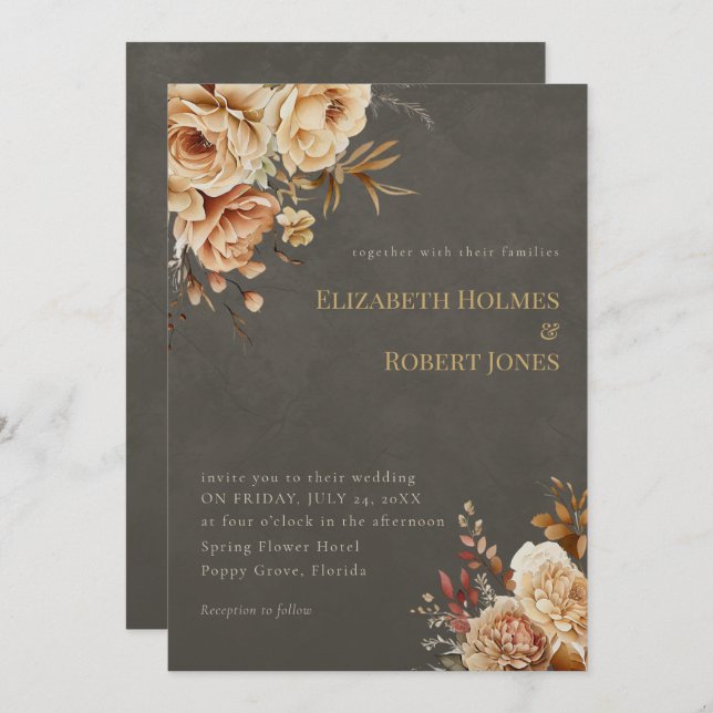 Convite Elegant Taupe Floral Wedding Invitation (Frente/Verso)