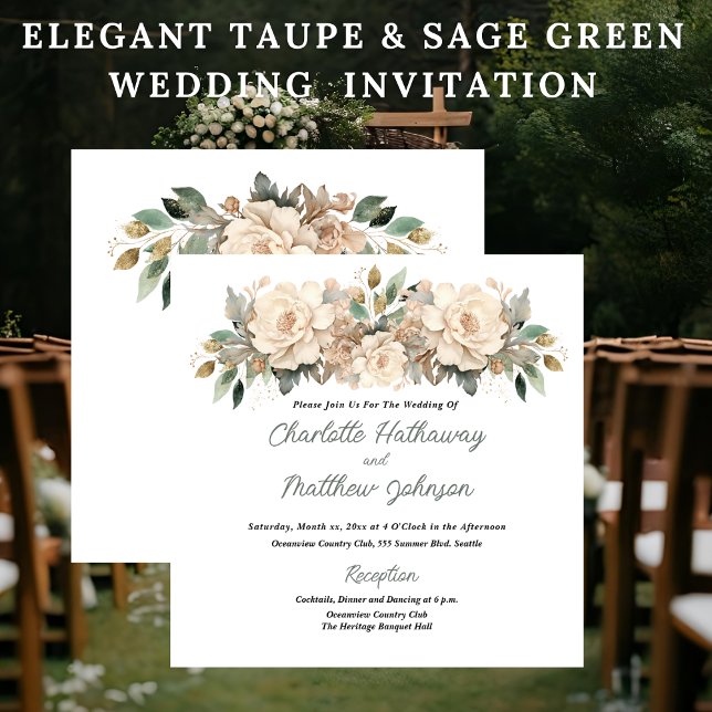 Convite Elegant Taupe Floral Wedding with Sage Green (Elegant Taupe Floral Wedding Invitation with Sage Green)