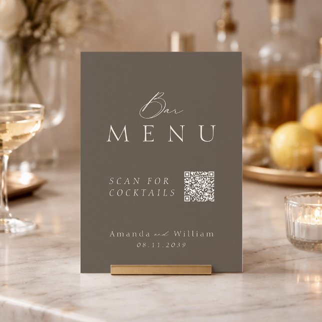 Convite Elegant Taupe QR Code Wedding Bar Menu Sign (Criador carregado)