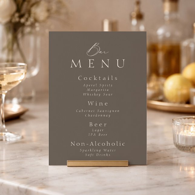 Convite Elegant Taupe Wedding Bar Menu Sign  (Criador carregado)