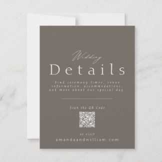 Convite Elegant Taupe Wedding Details Card with QR Code 