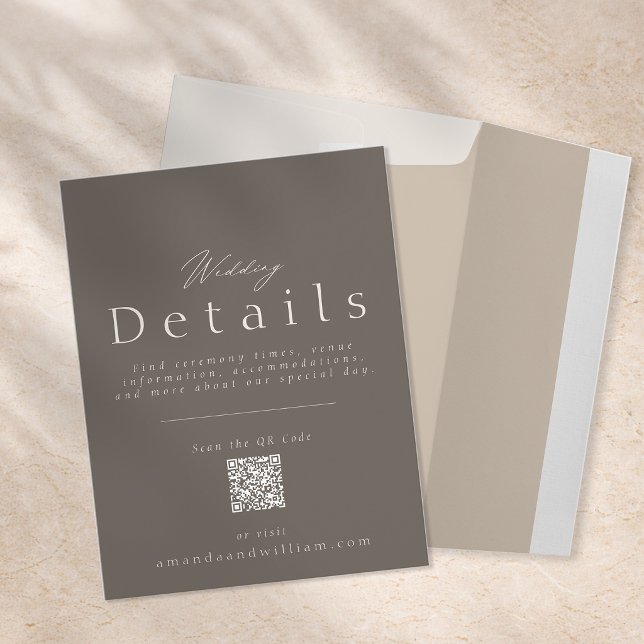 Convite Elegant Taupe Wedding Details Card with QR Code  (Criador carregado)