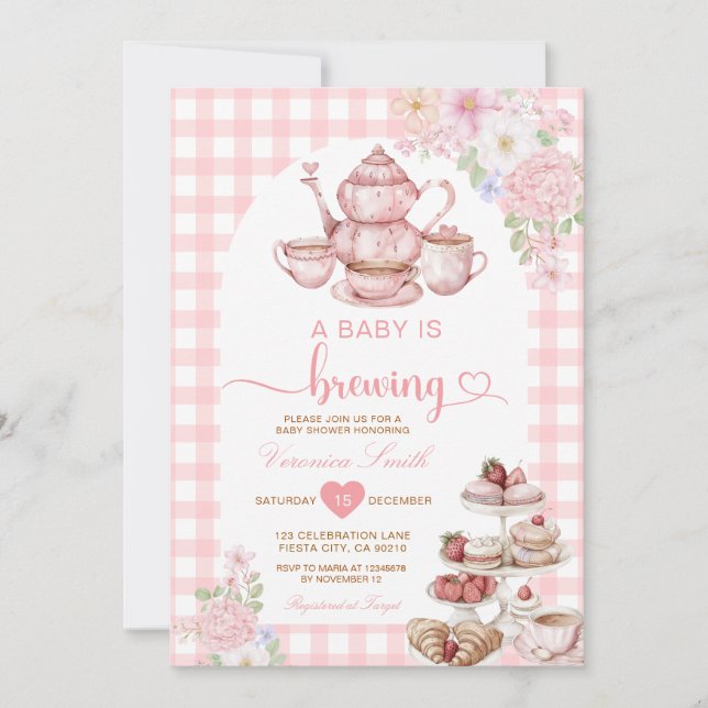 Convite Elegant Tea A Baby is Brewing Baby Shower Flowers (Frente)