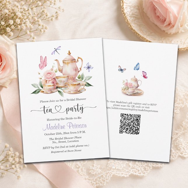 Convite Elegant Tea Party QR Code Butterfly Bridal Shower  (Criador carregado)