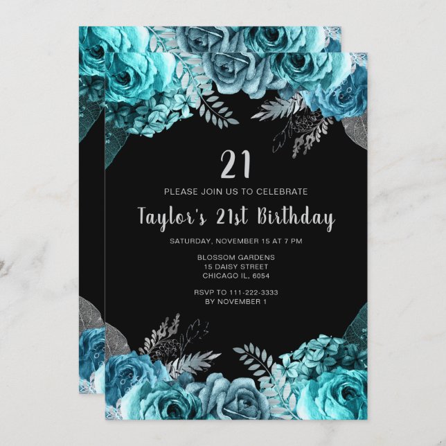 Convite Elegant Teal Blue and Silver Flower Birthday Party (Frente/Verso)