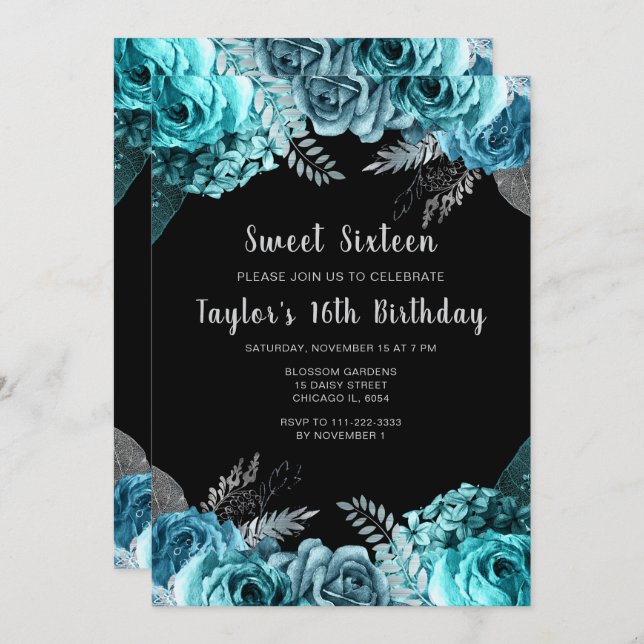Convite Elegant Teal Blue and Silver Flowers Sweet Sixteen (Frente/Verso)