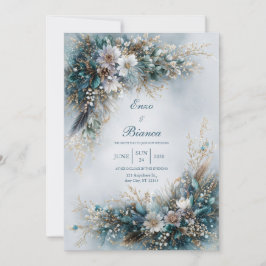 Convite Elegant Teal Blue Floral Gold Feather Wedding