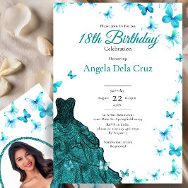 Convite Elegant Teal Butterflies Dress 18th Birthday Debut