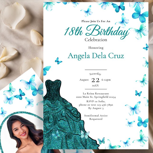 Convite Elegant Teal Butterflies Dress 18th Birthday Debut (Criador carregado)