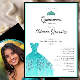 Convite Elegant teal dress 15th birthday Quinceanera
