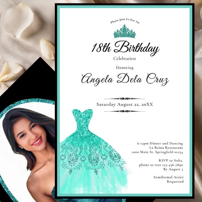 Convite Elegant teal dress 18th birthday debut (Criador carregado)