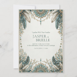 Convite Elegant Teal Feather Ornate Filigree Wedding