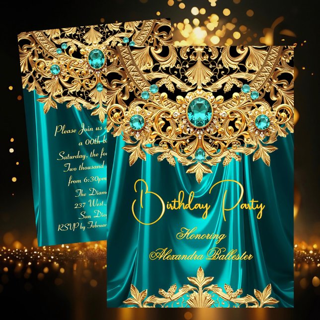 Convite Elegant Teal Gems Gold Lace Damask Birthday Party (Criador carregado)