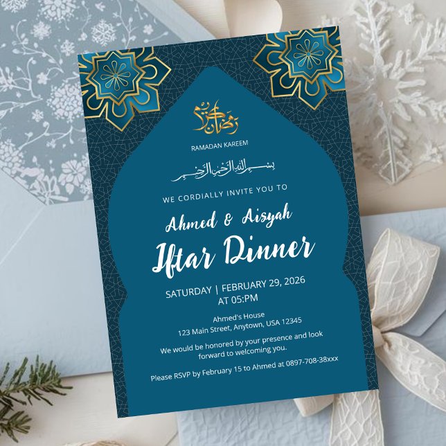 Convite Elegant Teal Gold Islamic Ramadan Iftar Invitation (Criador carregado)