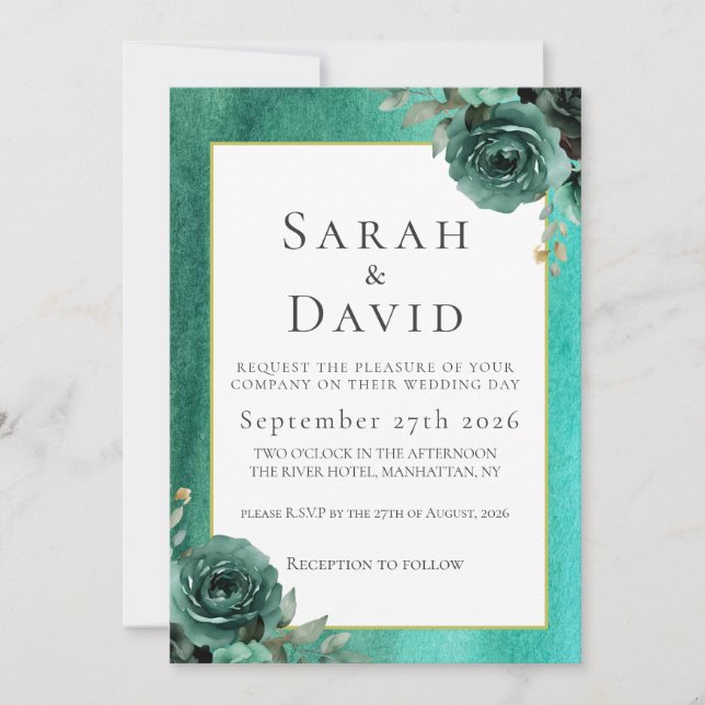 Convite Elegant Teal Green Watercolor Floral Wedding (Frente)