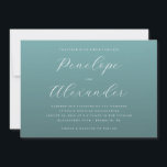 Convite Elegant Teal Minimalist Wedding Invitation<br><div class="desc">This elegant wedding invitation features a minimalist design with a calming teal background and crisp white typography. The layout is clean and sophisticated, utilizing ample negative space to highlight the names in flowing script font, creating a focal point for the invitation. Customizable text fields allow personalization for dates, times, and...</div>