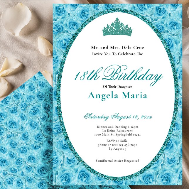 Convite Elegant Teal Roses Floral 18th Birthday Debut (Criador carregado)