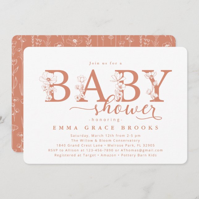Convite Elegant Terracotta Floral Baby Shower Typography (Frente/Verso)
