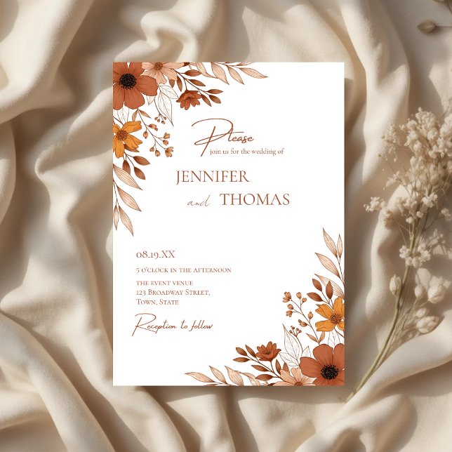 Convite Elegant Terracotta Floral Hand-Drawn Wedding (Elegant Terracotta Floral Hand-Drawn Wedding Invitation)