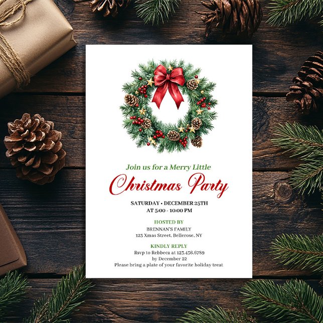 Convite Elegant Traditional Pine Wreath Party Invitation (Elegant Traditional Pine Wreath Party Invitation)