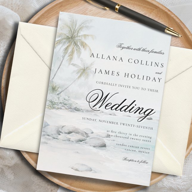 Convite Elegant Tropical Palm Watercolor Beach Wedding (Criador carregado)