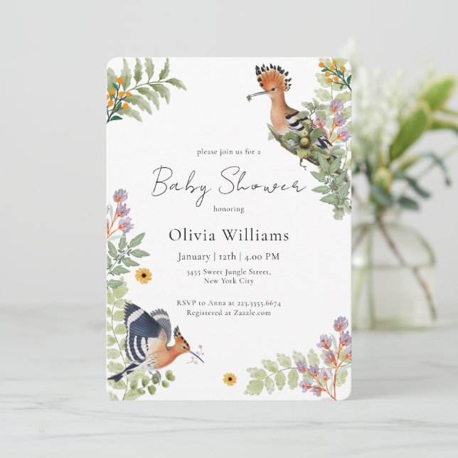 Convite Elegant Tropical Wildflower Birds Baby Shower (Em pé/Frente)