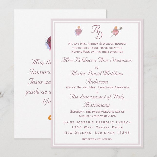 Convite Elegant Two Hearts Catholic Wedding Invitation (Frente/Verso)