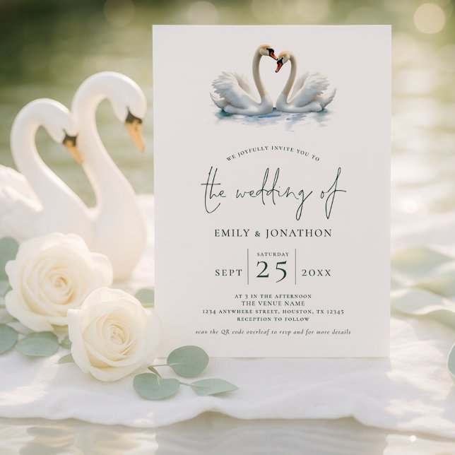 Convite Elegant Two Swans Script Wedding (Criador carregado)