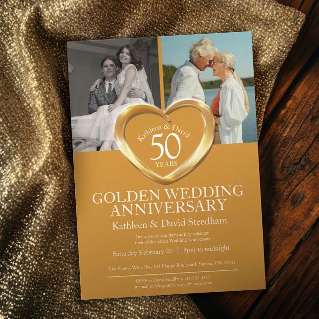Convite Elegant Vertical Golden 50th Wedding Anniversary (Criador carregado)