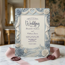 Elegant Victorian Dusty Blue Faux Embossed Rose