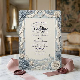 Convite Elegant Victorian Dusty Blue Faux Embossed Rose