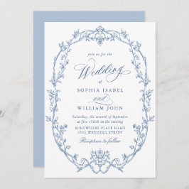 Convite Elegant Victorian Ornate Floral Dusty Blue Wedding