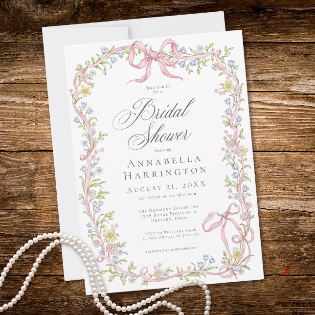 Convite Elegant Victorian Pastel Floral Bow Bridal Shower (Elegant Victorian Pastel Floral Bow Bridal Shower Invitation)