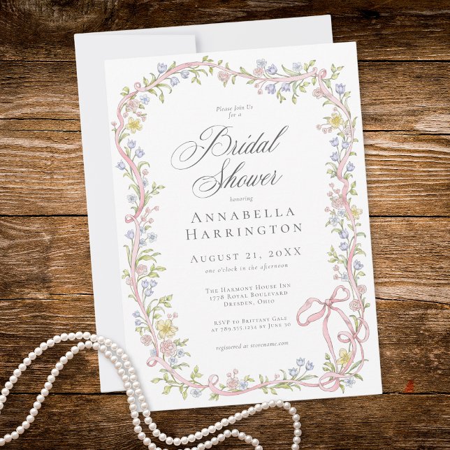 Convite Elegant Victorian Pastel Floral Bow Bridal Shower (Elegant Victorian Pastel Floral Bow Bridal Shower Invitation)