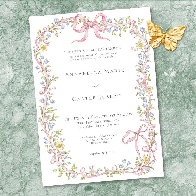 Convite Elegant Victorian Pastel Floral Bow Wedding (Elegant Victorian Pastel Floral Bow Wedding Invitation)